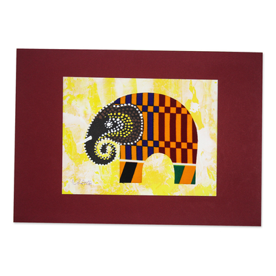 Elephant Painting with Kente Cloth Cotton Accent from Ghana