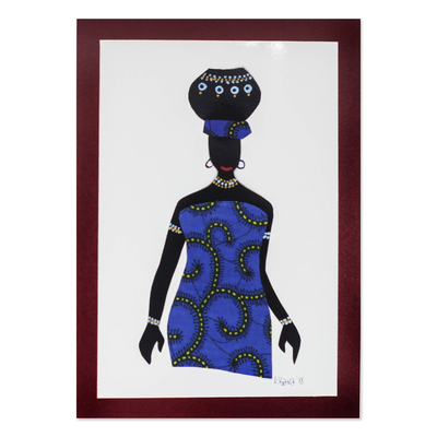 Blue Cotton Accented Painting of an African Woman from Ghana