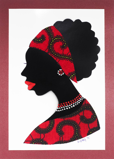 Signed African Woman Painting in Red from Ghana