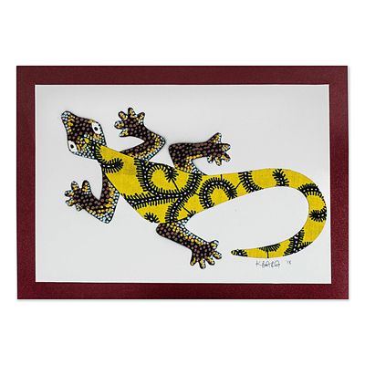 Modern Gecko Painting with Printed Cotton Accent in Yellow