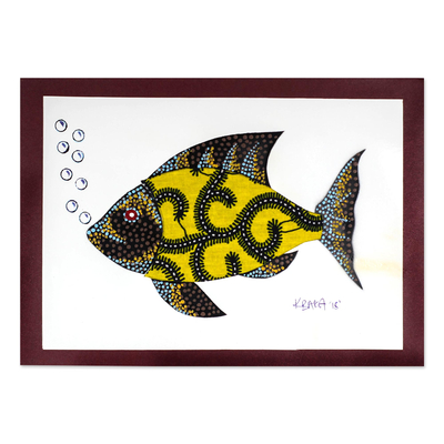 Modern Fish Painting with Printed Cotton Accent in Yellow