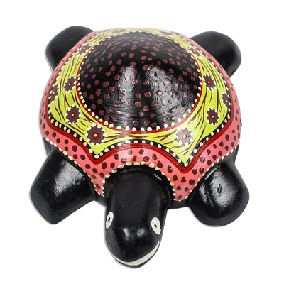 Hand-Painted Floral Wood Turtle Sculpture from Ghana