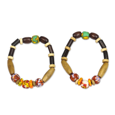 Wood and Recycled Glass Stretch Bracelets (Pair)