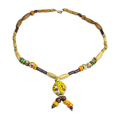 Wood and Recycled Glass Beaded Pendant Necklace from Ghana