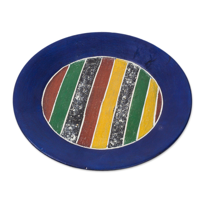 Striped Sese Wood Decorative Plate with a Blue Border
