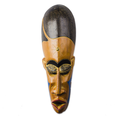 African Wood Mask in Brown with Brass Accents from Ghana