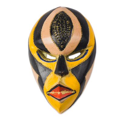 Black and Yellow African Wood Mask from Ghana