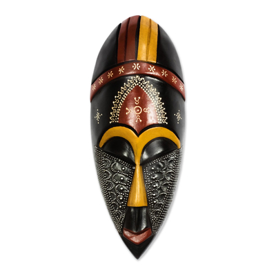 Colorful Aluminum Accented African Wood Mask from Ghana
