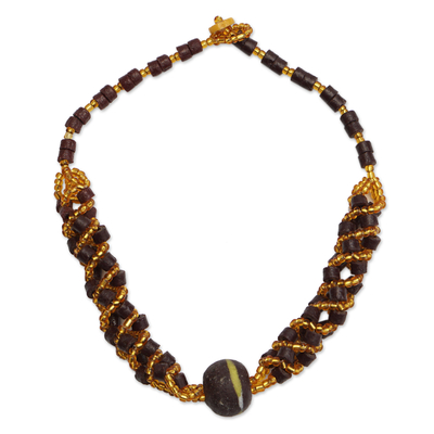 Brown and Gold-Tone Recycled Glass Beaded Torsade Necklace