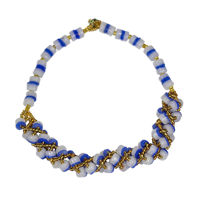 Recycled Glass Beaded Torsade Necklace in Blue from Ghana