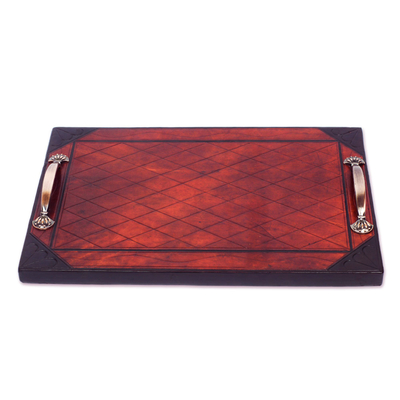 Diamond Pattern Leather Tray with Steel Handles from Ghana