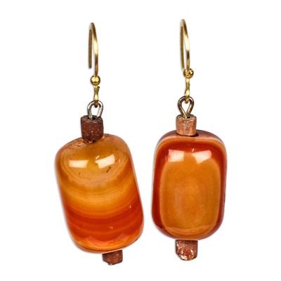 Red-Orange Agate Beaded Dangle Earrings from Ghana