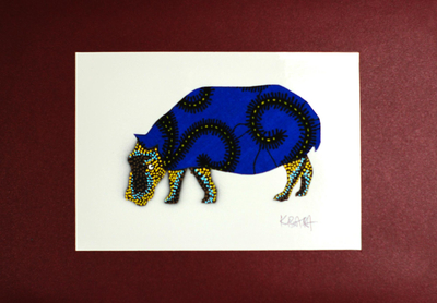 Signed Hippo Painting with Printed Cotton in Blue from Ghana