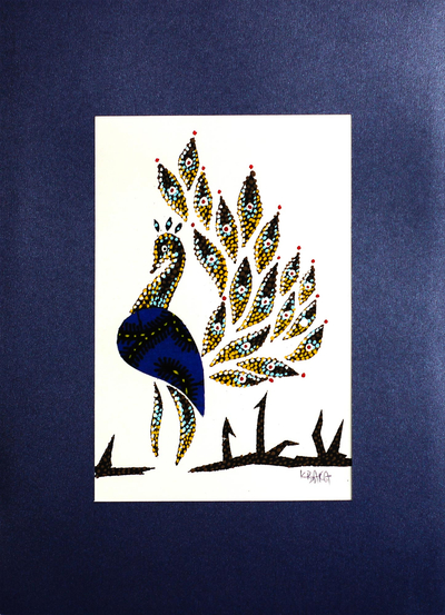 Signed Mixed Media Painting of a Peacock from Ghana