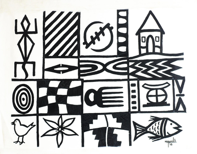 Signed Painting of African Symbols from Ghana