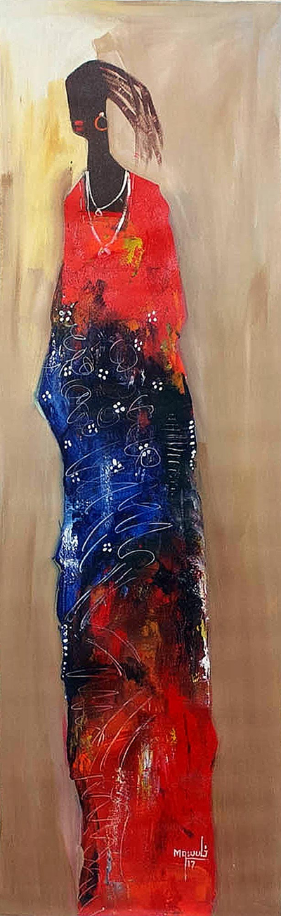 Expressionist Acrylic Portrait of Woman in Red & Blue Dress