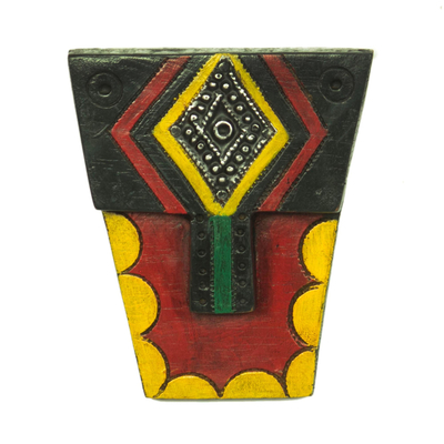 Geometric African Wood and Aluminum Mask from Ghana