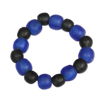 Blue and Black Recycled Glass Beaded Stretch Bracelet