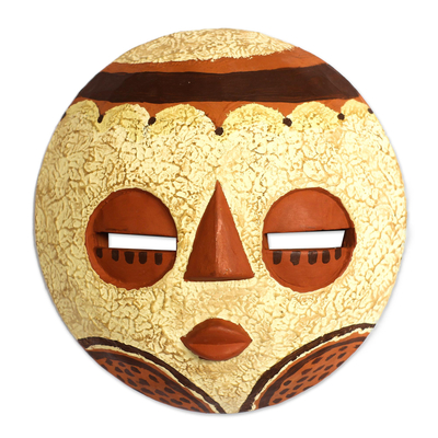 Beige and Orange African Wood Mask Crafted in Ghana