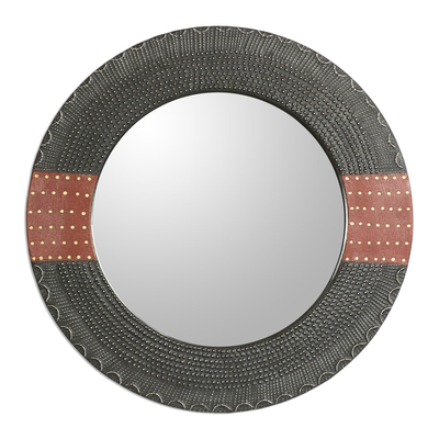 Dotted Wood and Aluminum Round Wall Mirror from Ghana