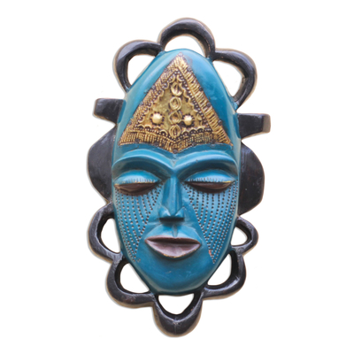 Blue Sese Wood and Brass African Mask from Ghana