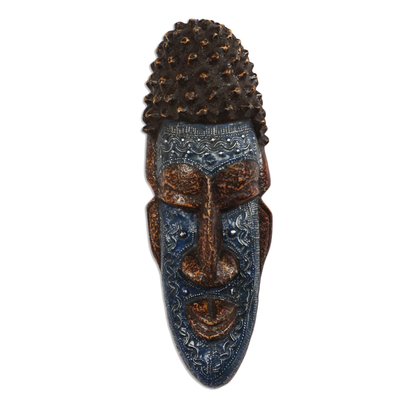 Blue and Brown African Wood and Aluminum Mask from Ghana