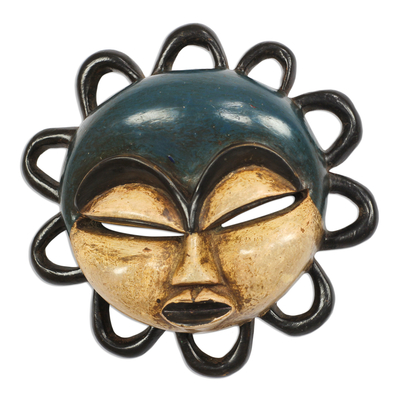 Blue and Beige African Wood Mask from Ghana