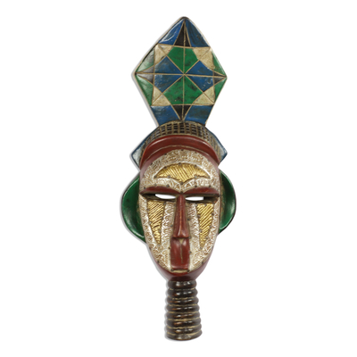 Aluminum and Brass Accented African Wood Mask from Ghana