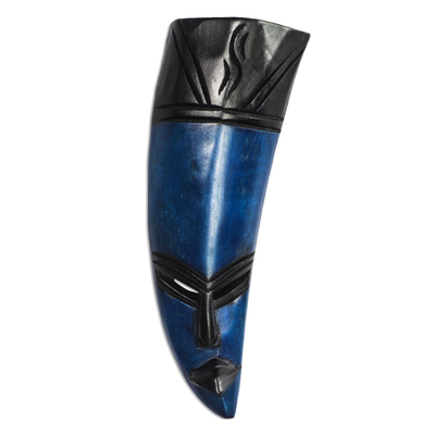 Curved African Sese Wood Mask in Blue from Ghana