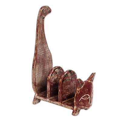 Rustic Sese Wood Cat Book Stand from Ghana