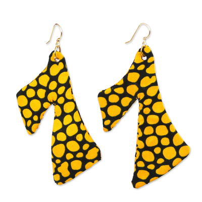 Yellow and Black Cotton Fabric Dangle Earrings from Ghana