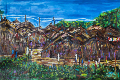 Impressionist Village Scene Landscape Painting from Ghana