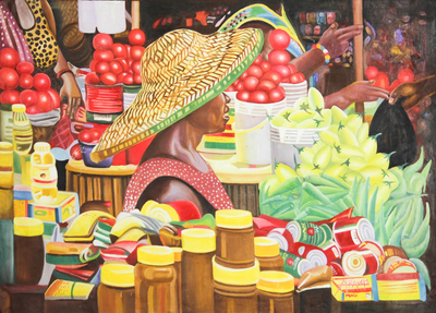 Colorful Market Scene Painting from Ghana