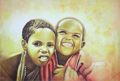 Expressionist Painting of Two African Children from Ghana