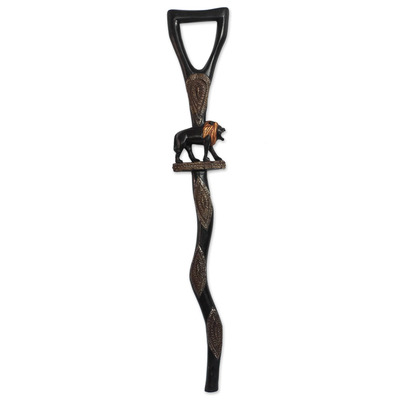 Lion-Themed Wood and Aluminum Walking Stick from Ghana