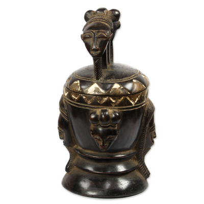 Baule-Themed Wood Decorative Jar from Ghana