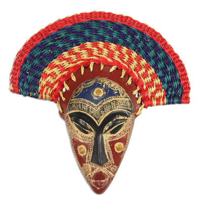 African Wood Mask with Raffia Headdress from Ghana
