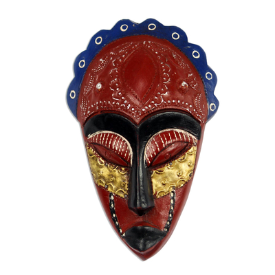 African Wood Mask in Red with Embossed Accents from Ghana