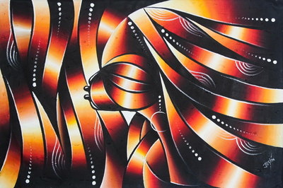 Signed Abstract Painting in Orange from Ghana