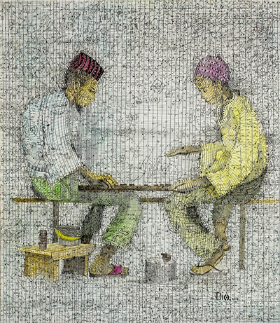 Modern Ink Painting of Two Men Playing a Traditional Game