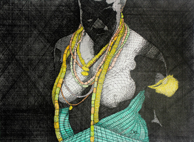 Modern Ink Painting of an African Woman from Ghana