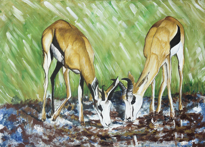 Signed Realist Painting of Two Antelope from Ghana