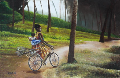 Impressionist Painting of a Woman Cycling Home from Ghana