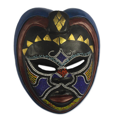 African Wood Wall Mask with Brass and Beading