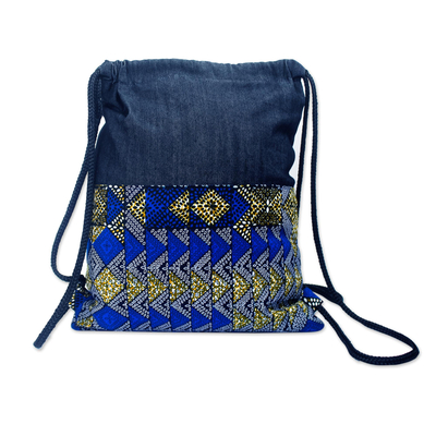 Casual Cotton Backpack in Solid and Print Blue Fabric
