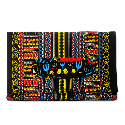 Bold Black Print Cotton Clutch Handbag from Ghana