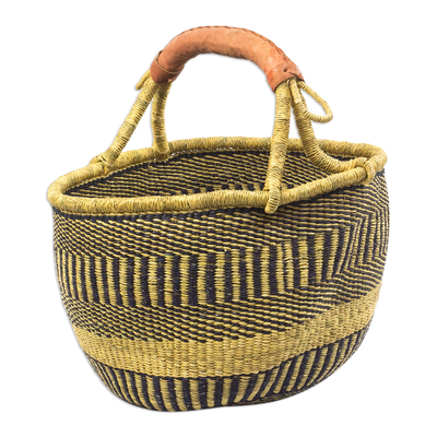 Hand Woven Raffia and Leather-Accented Basket