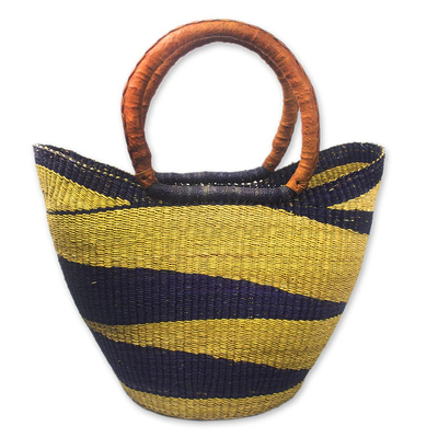 Handcrafted Raffia and Leather Basket Tote Bag