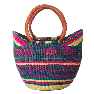 Raffia and Leather Shopping Basket from Ghana