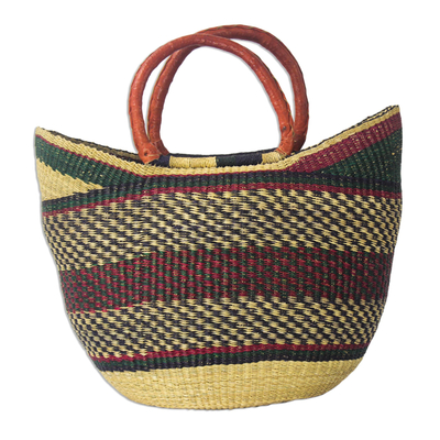 Colorful Hand Woven Raffia Basket Bag from Ghana